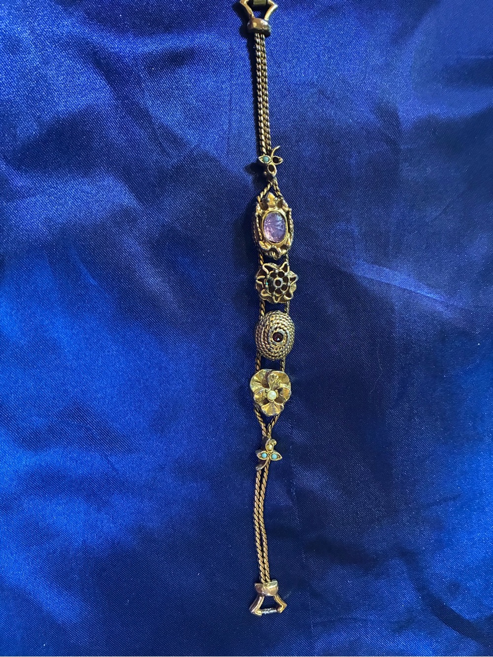Vintage Gold Bracelet with Purple and Turquoise Accents size 7